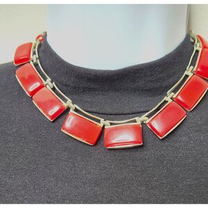 Vintage Lisner Red Thermoset Necklace Silver Tone Retro Statement Choker
